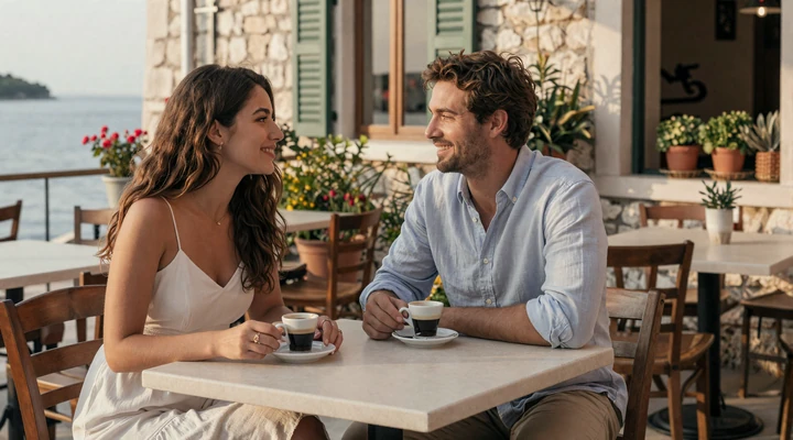 Robert and Maja having coffee together at a charming Croatian seaside cafe in Dubrovnik