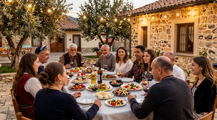 Albanian family gathering for a traditional dinner in a warm courtyard with byrek and traditional dishes