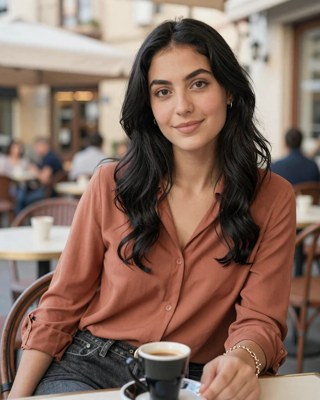 Arjeta, 24, an Albanian woman from Tirana at an outdoor café