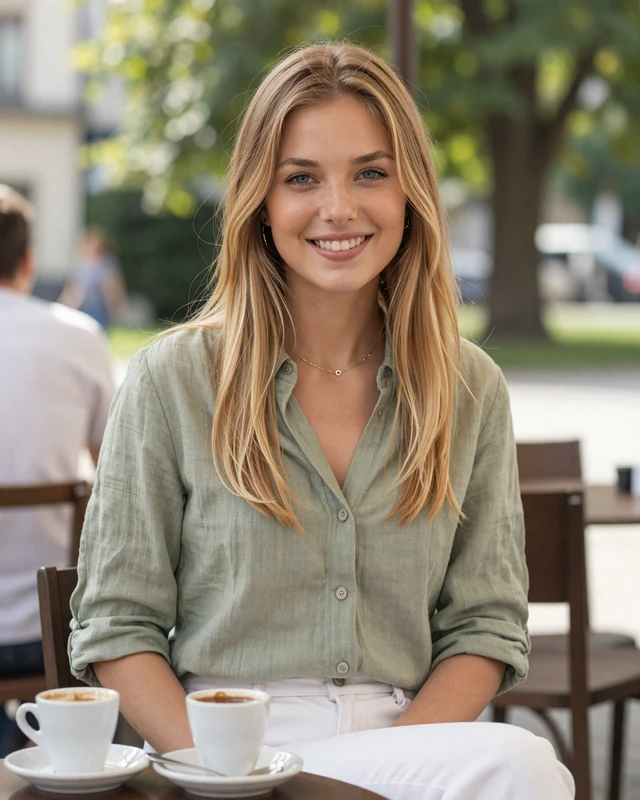 Lana, 24, a Croatian woman from Zagreb at an outdoor cafe with espresso