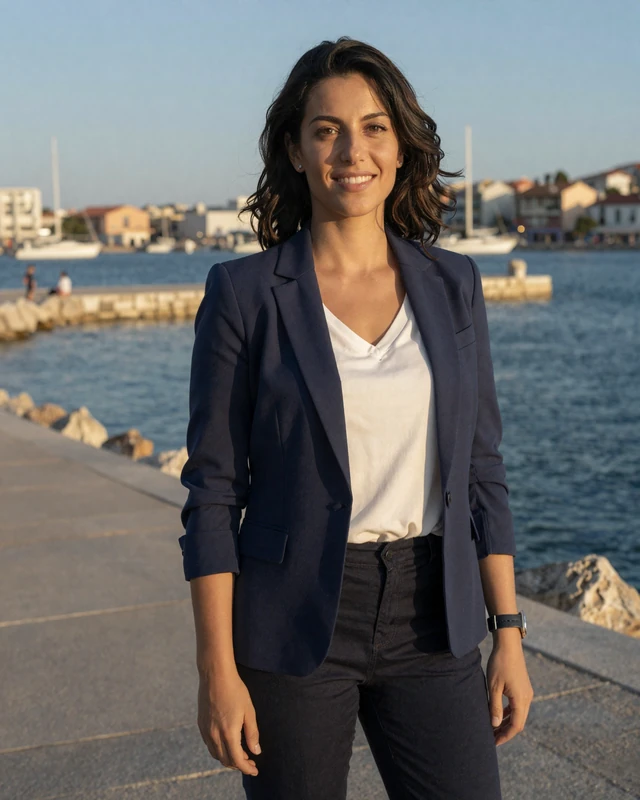 Drita, 31, Albanian woman on a coastal promenade in Durres
