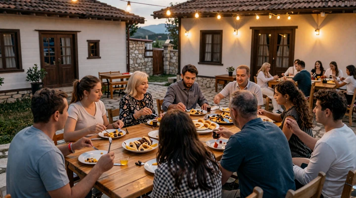 Bosnian family gathering for a traditional outdoor dinner with burek and Bosnian coffee in a warm courtyard