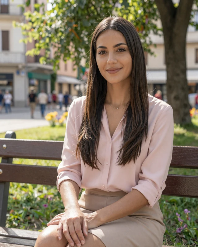 Arta, 29, an Albanian woman from Elbasan sitting in a sunny park