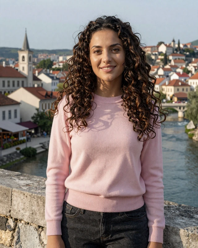 Lejla, 29, a Bosnian woman from Mostar near the old stone bridge