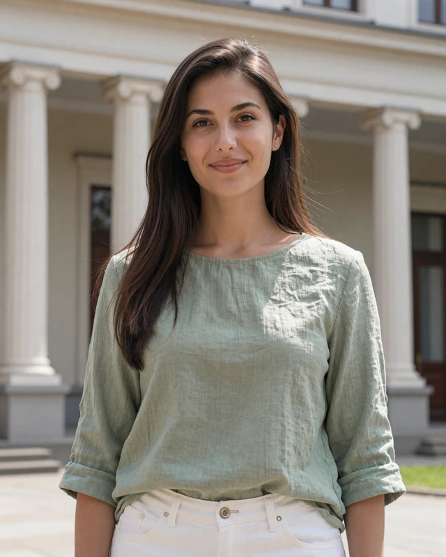 Ana, 25, a Macedonian woman from Bitola in front of a charming neoclassical building