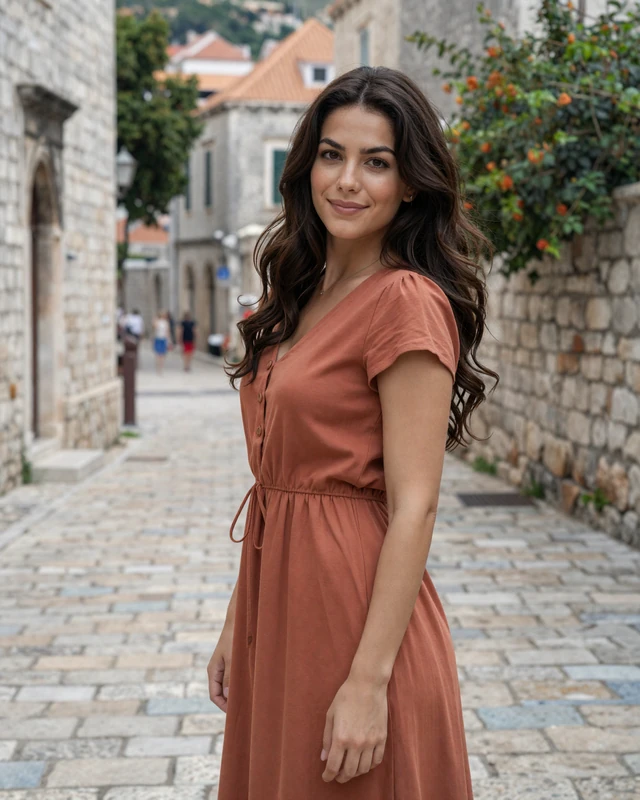 Ivana, 25, a Croatian woman from Dubrovnik on an old town cobblestone street