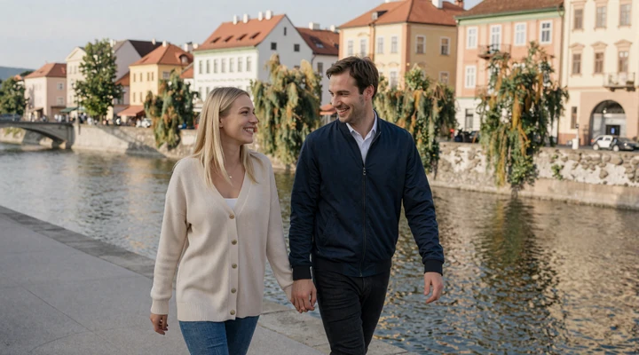 American man and Slovenian woman laughing together while walking along the Ljubljana riverfront